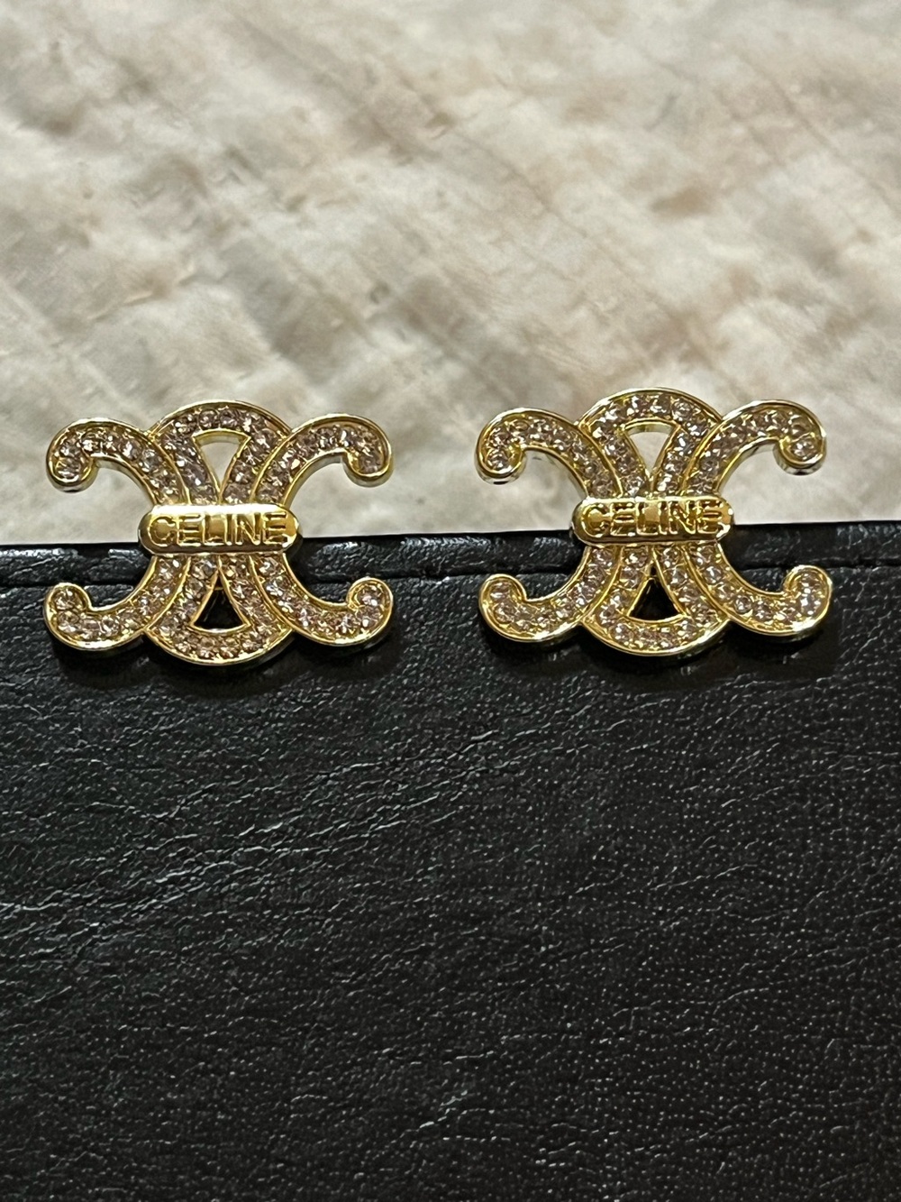 Celine. Rhinestone Gold Tone Triomphe Stud Earrings